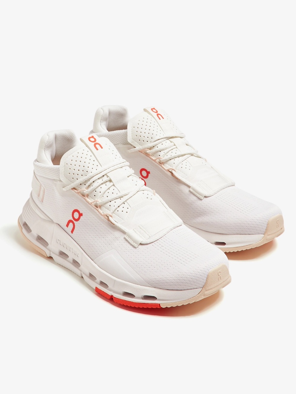 On Cloudnova Men size 12 White Sneakers with Coral Accents